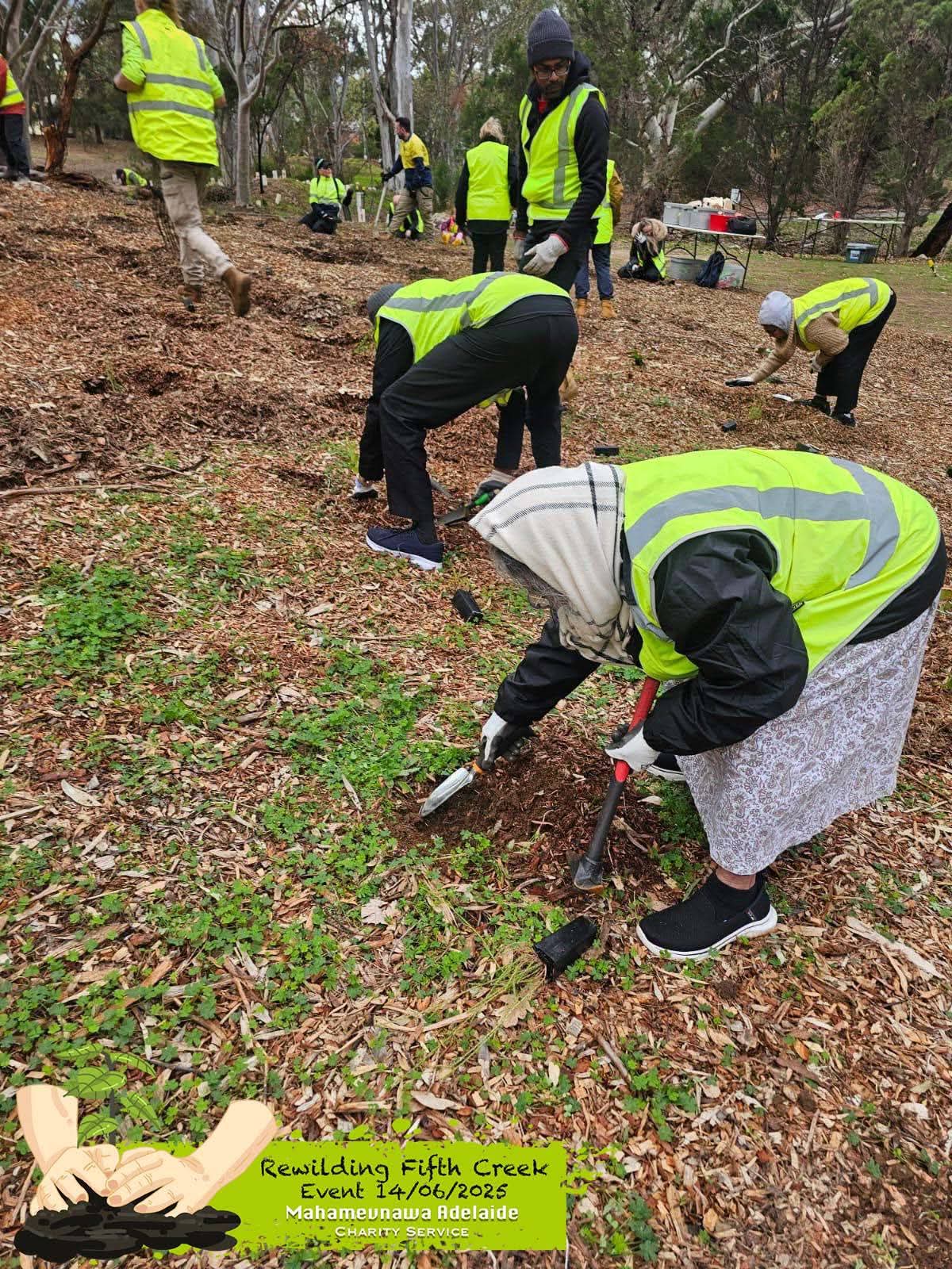 Volunteers wearing high-visibility vests working in a planted outdoor area.